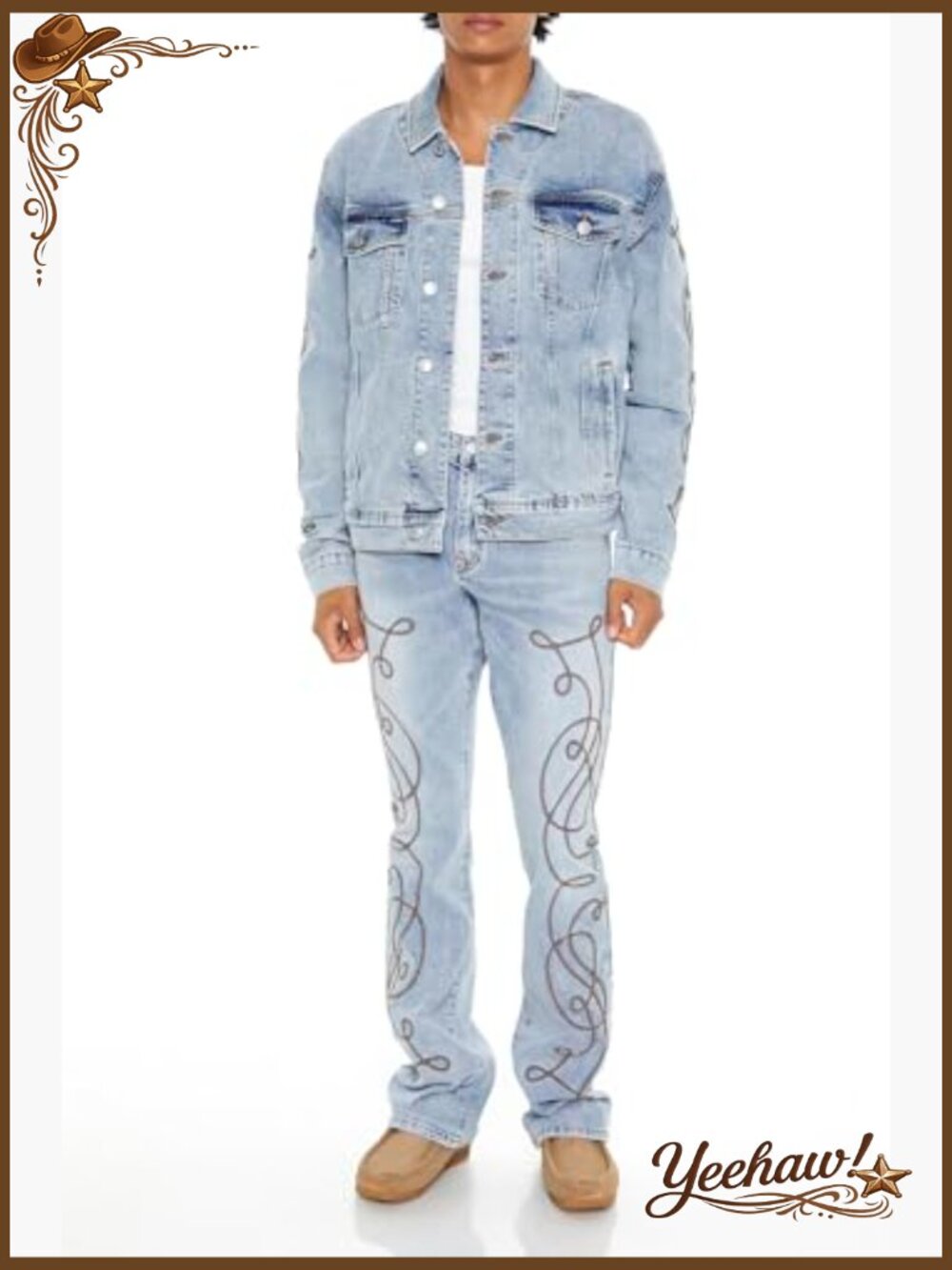 Men's Embroidered Denim Trucker Jacket - Lightweight Stretch - Picture 2 of 6